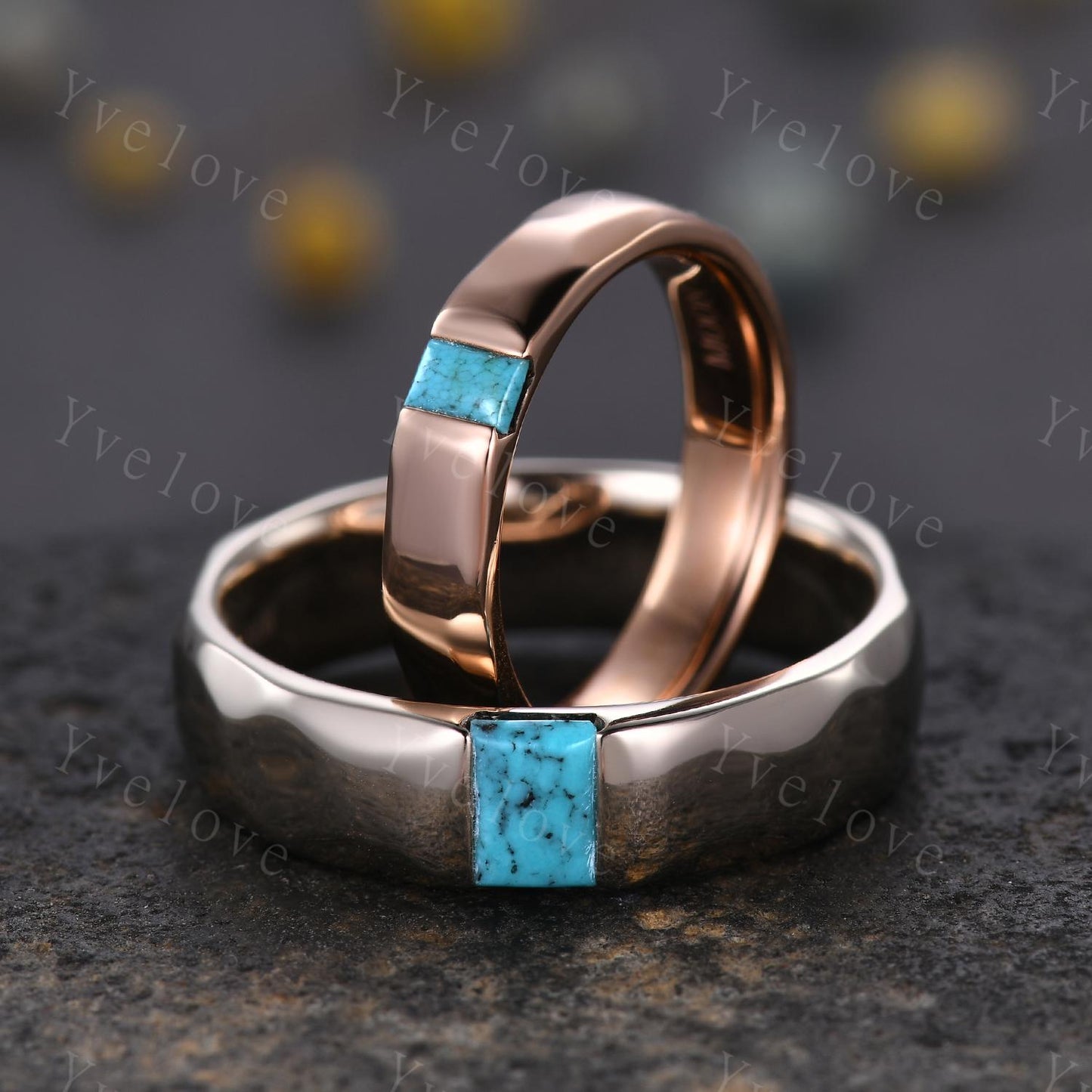 Unisex ring Baguette Turquoise Wedding Band Blue Turquoise Rose Gold Ring Unique Hammered Stackable Matching Band Retro Ring Gift For Wife