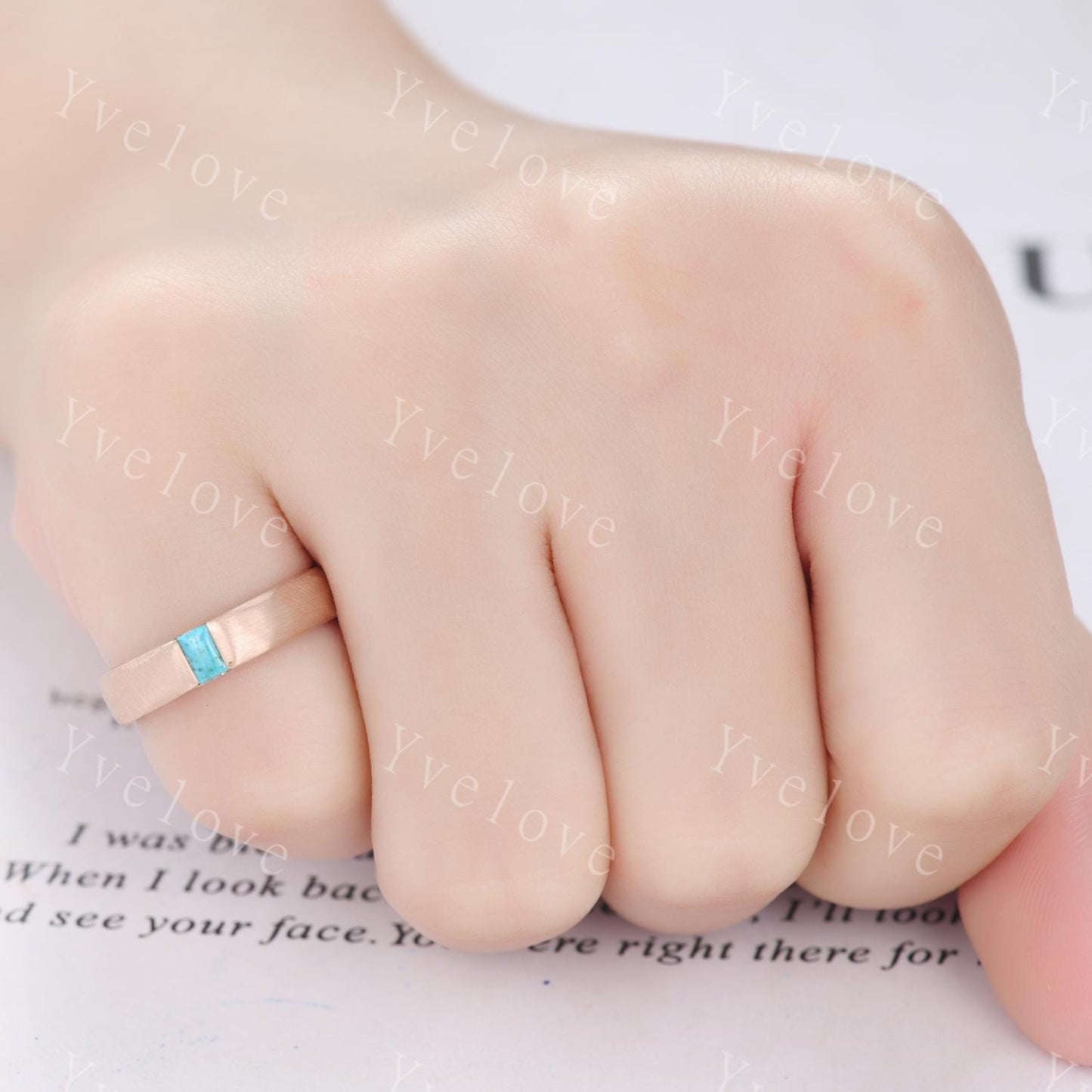 Couples ring set Baguette blue turquoise wedding ring for men and women His and Hers ring satin finish promise retro ring gift Customized