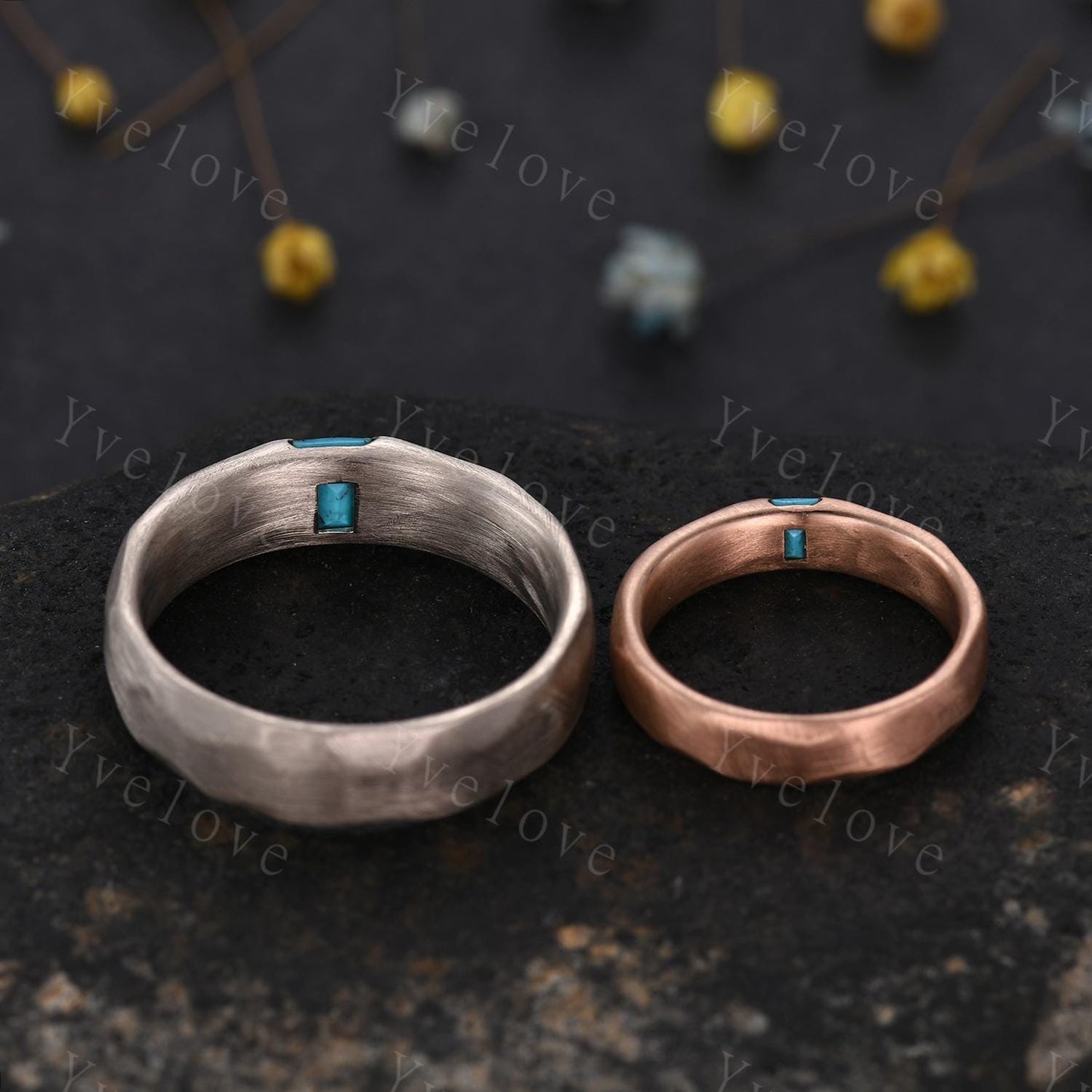 Couples ring set Baguette blue turquoise wedding ring for men and women His and Hers ring satin finish promise retro ring gift Customized