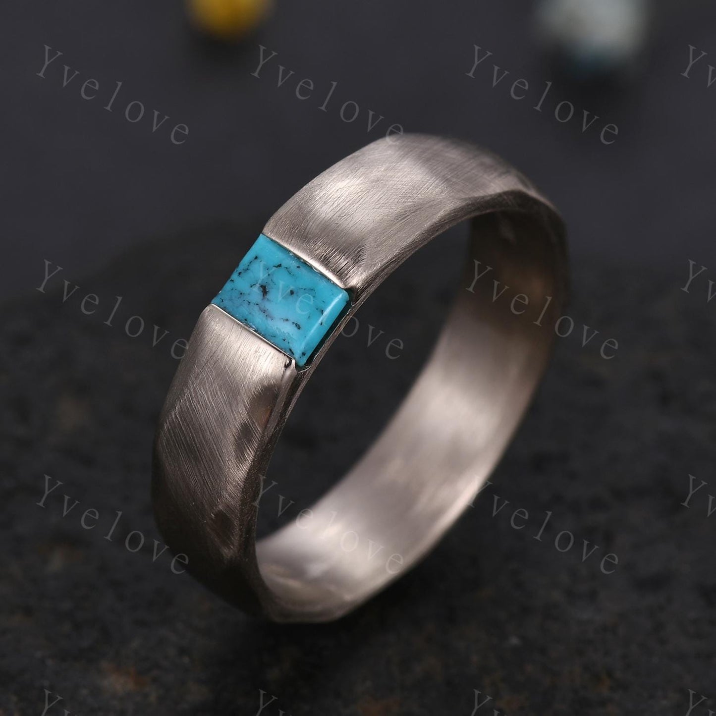 Couples ring set Baguette blue turquoise wedding ring for men and women His and Hers ring satin finish promise retro ring gift Customized
