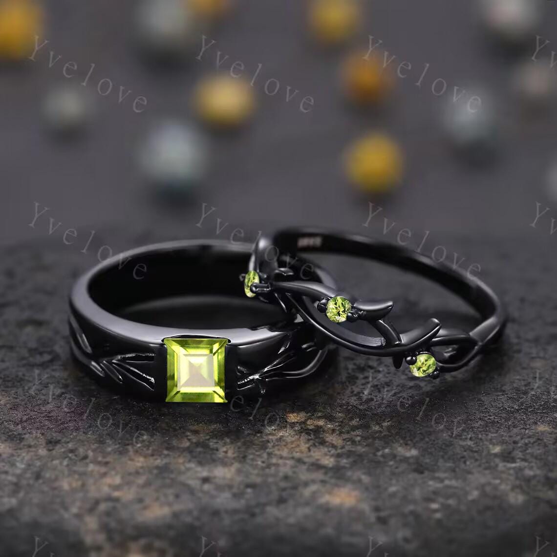 Couples ring set peridot ring twig branch ring for men and women His and Hers wedding band Promise Stacking Matching Band Retro Vintage Gift