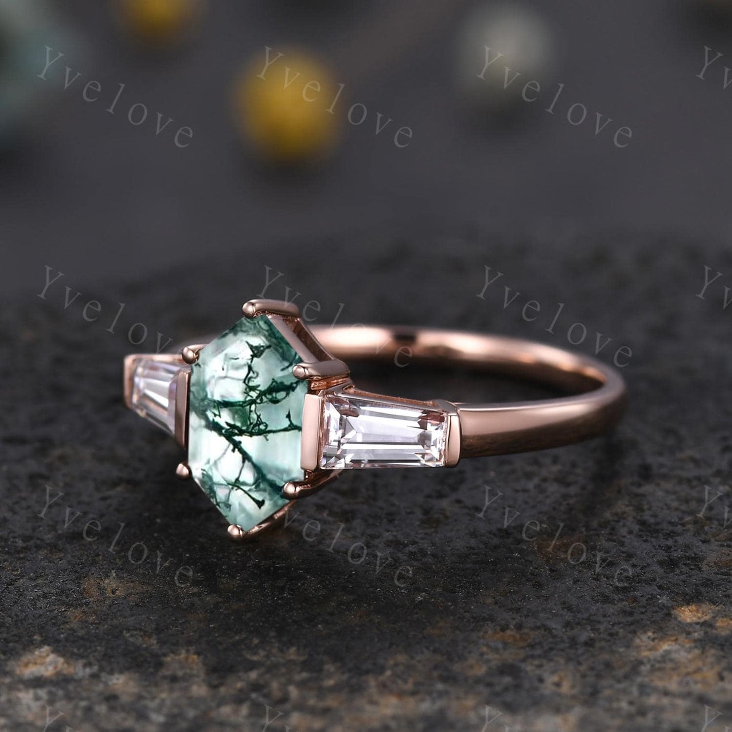 Art Deco Hexagon Cut Moss Agate Engagement Ring,Vintage Baguette Moissanite Ring,Unique Three Stone Ring,Natural Inspired Ring Promise Gift