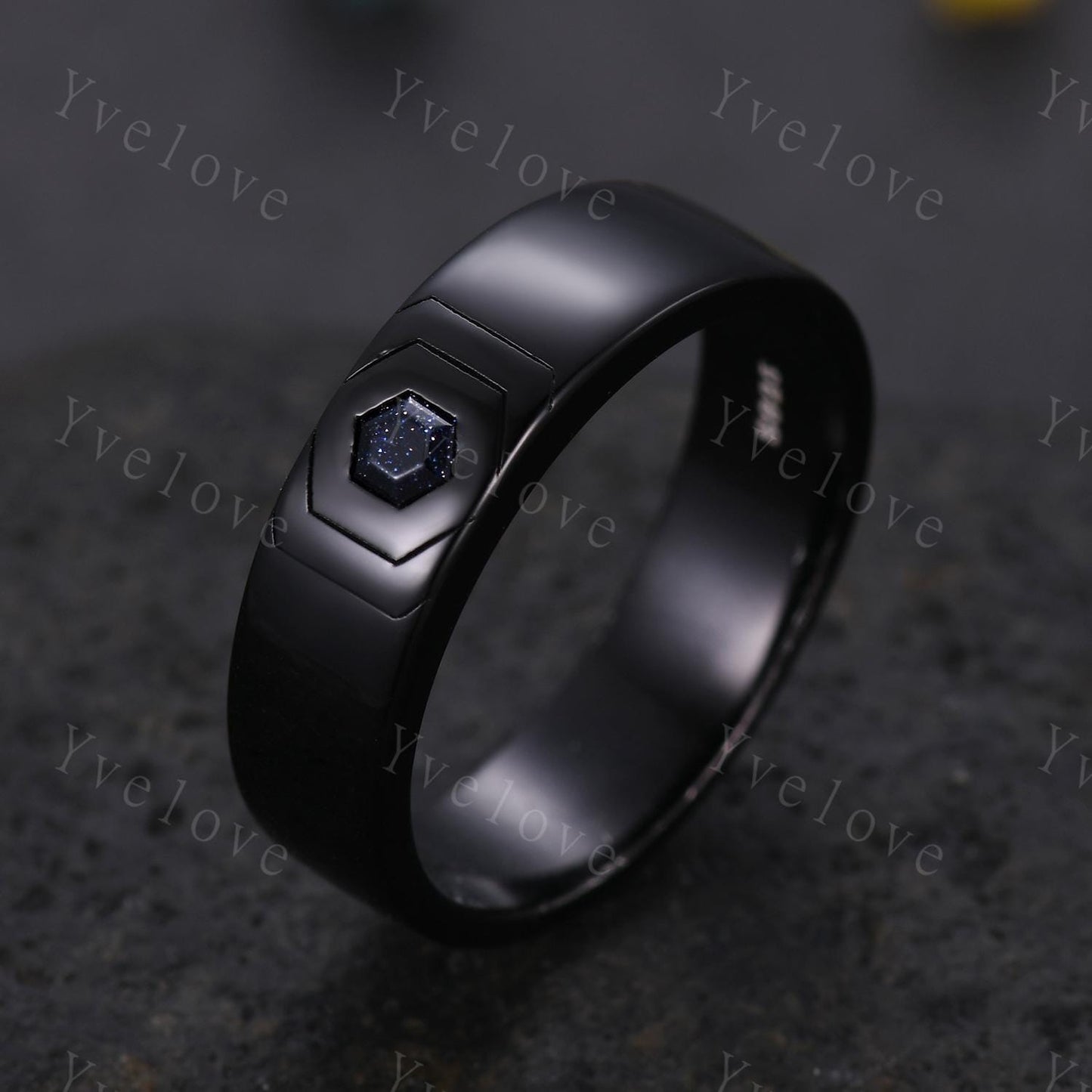 Black Gold Mens Hexagon Blue Sandstone Wedding Band Custom Space Galaxy Engagement Ring Plain Band Mens Stacking Matching Band Promise Ring