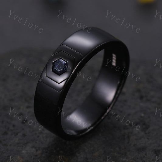 Black Gold Mens Hexagon Blue Sandstone Wedding Band Custom Space Galaxy Engagement Ring Plain Band Mens Stacking Matching Band Promise Ring