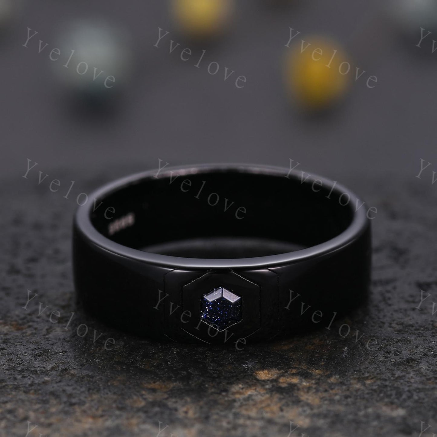 Black Gold Mens Hexagon Blue Sandstone Wedding Band Custom Space Galaxy Engagement Ring Plain Band Mens Stacking Matching Band Promise Ring