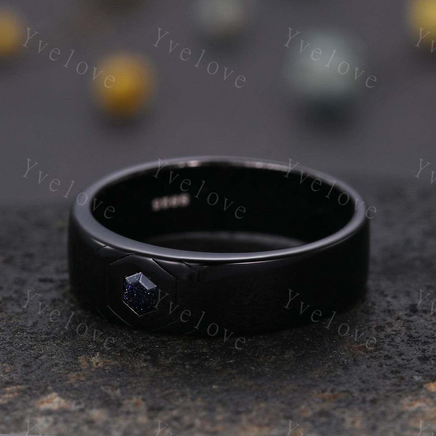 Black Gold Mens Hexagon Blue Sandstone Wedding Band Custom Space Galaxy Engagement Ring Plain Band Mens Stacking Matching Band Promise Ring