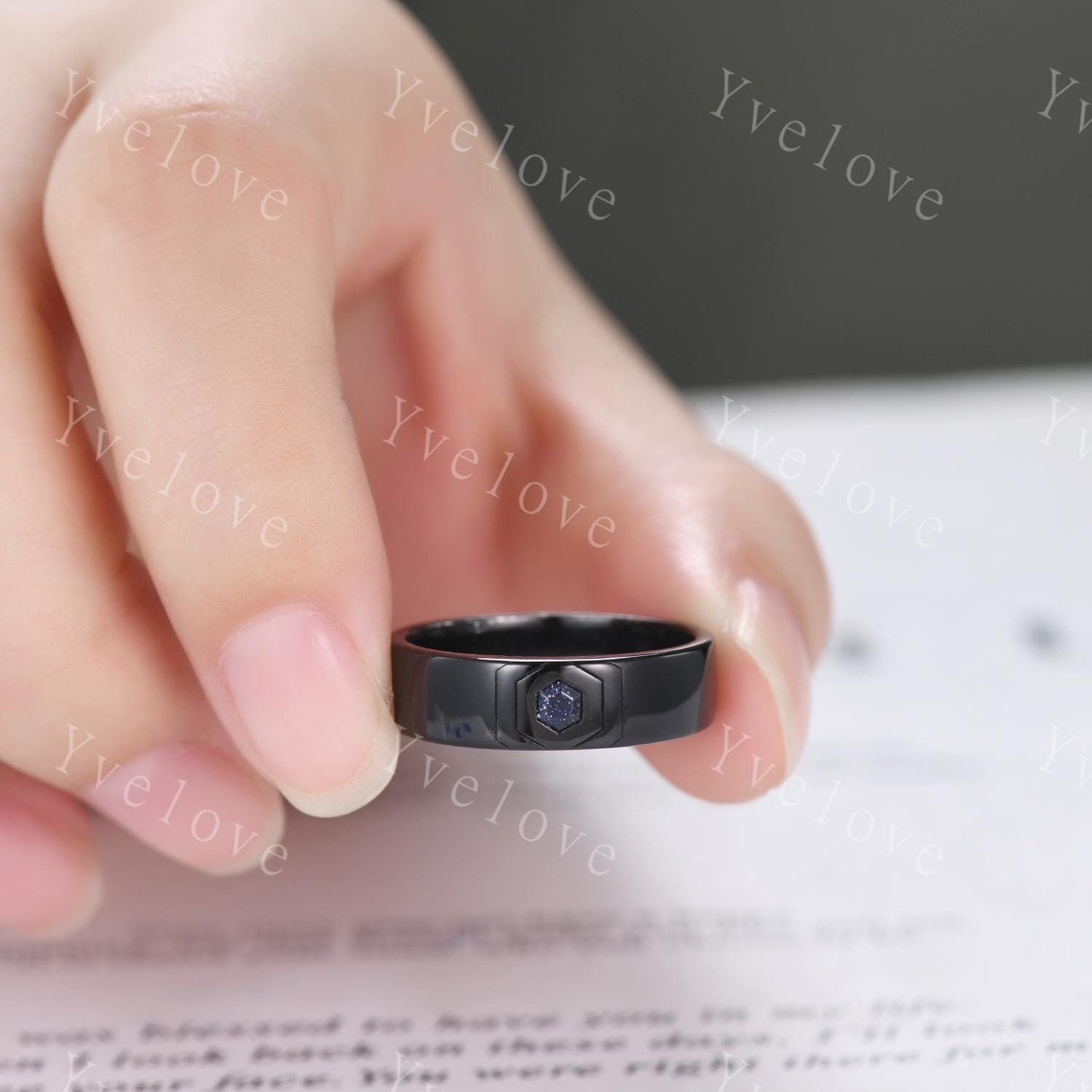 Black Gold Mens Hexagon Blue Sandstone Wedding Band Custom Space Galaxy Engagement Ring Plain Band Mens Stacking Matching Band Promise Ring