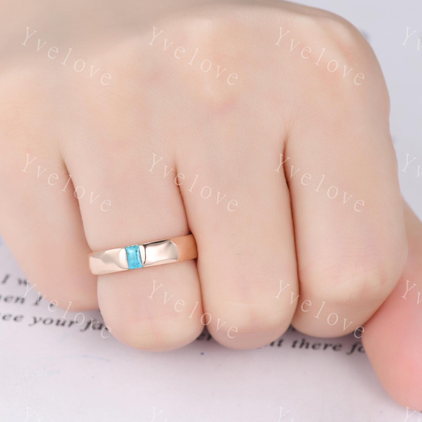 Unisex ring Baguette Turquoise Wedding Band Blue Turquoise Rose Gold Ring Unique Hammered Stackable Matching Band Retro Ring Gift For Wife