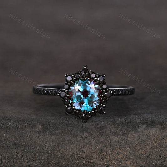 Vintage round cut alexandrite engagement ring black gold art deco black spinel ring unique bridal promise ring for her June birthstone ring