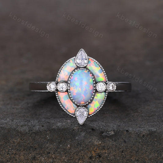 Antique White Opal Engagement Ring Sterling Silver Opal Halo Engagement Ring Vintage Oval cut Ring Cocktail Ring October Birthstone Gift