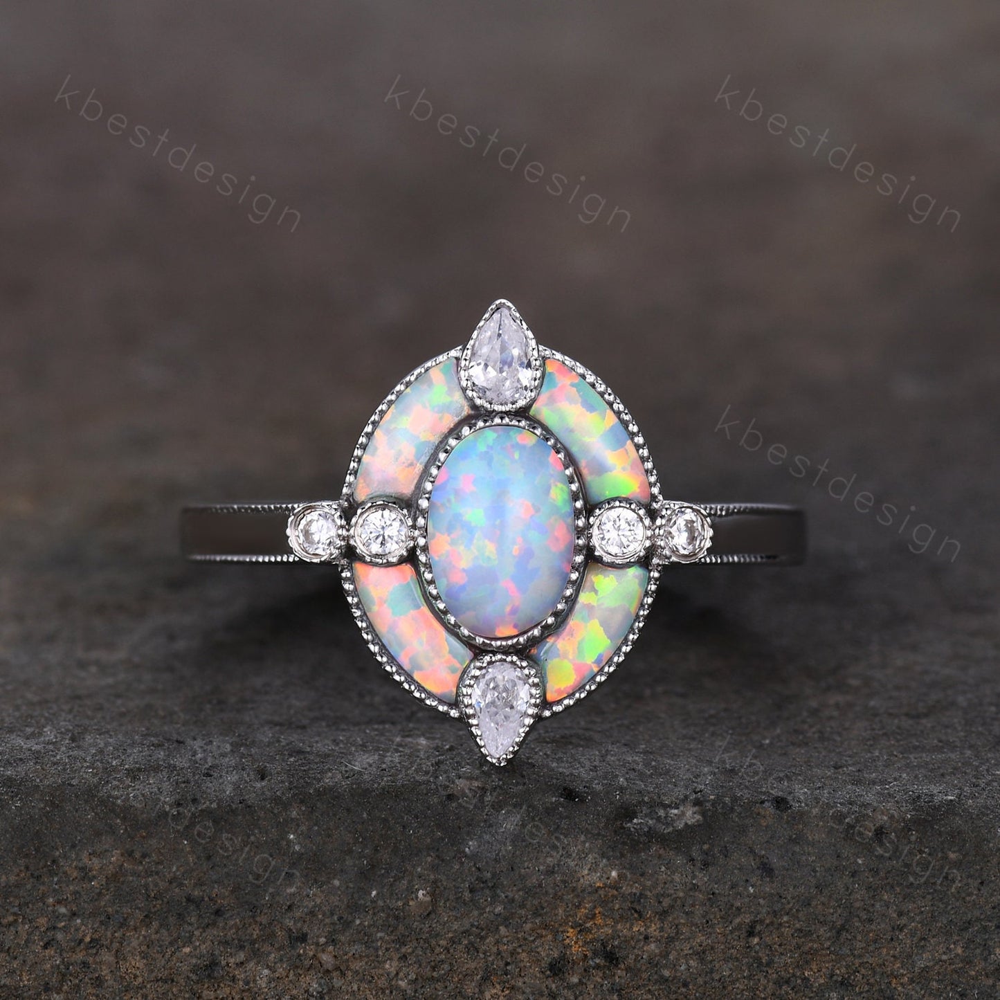 Antique White Opal Engagement Ring Sterling Silver Opal Halo Engagement Ring Vintage Oval cut Ring Cocktail Ring October Birthstone Gift
