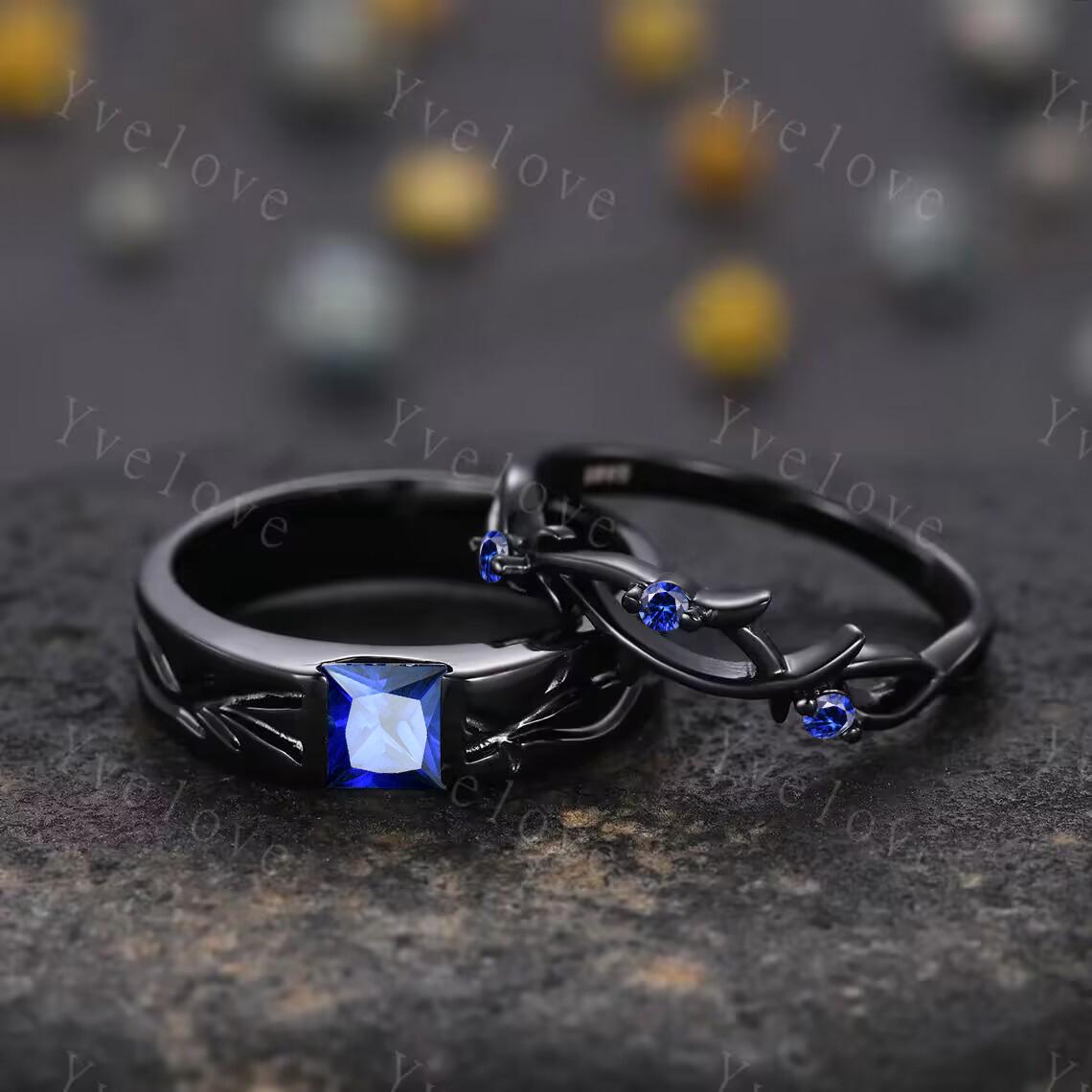 Couples ring blue sapphire ring twig branch vines ring men and women wedding band Silver Promise ring Stacking Matching Band Unique Gift