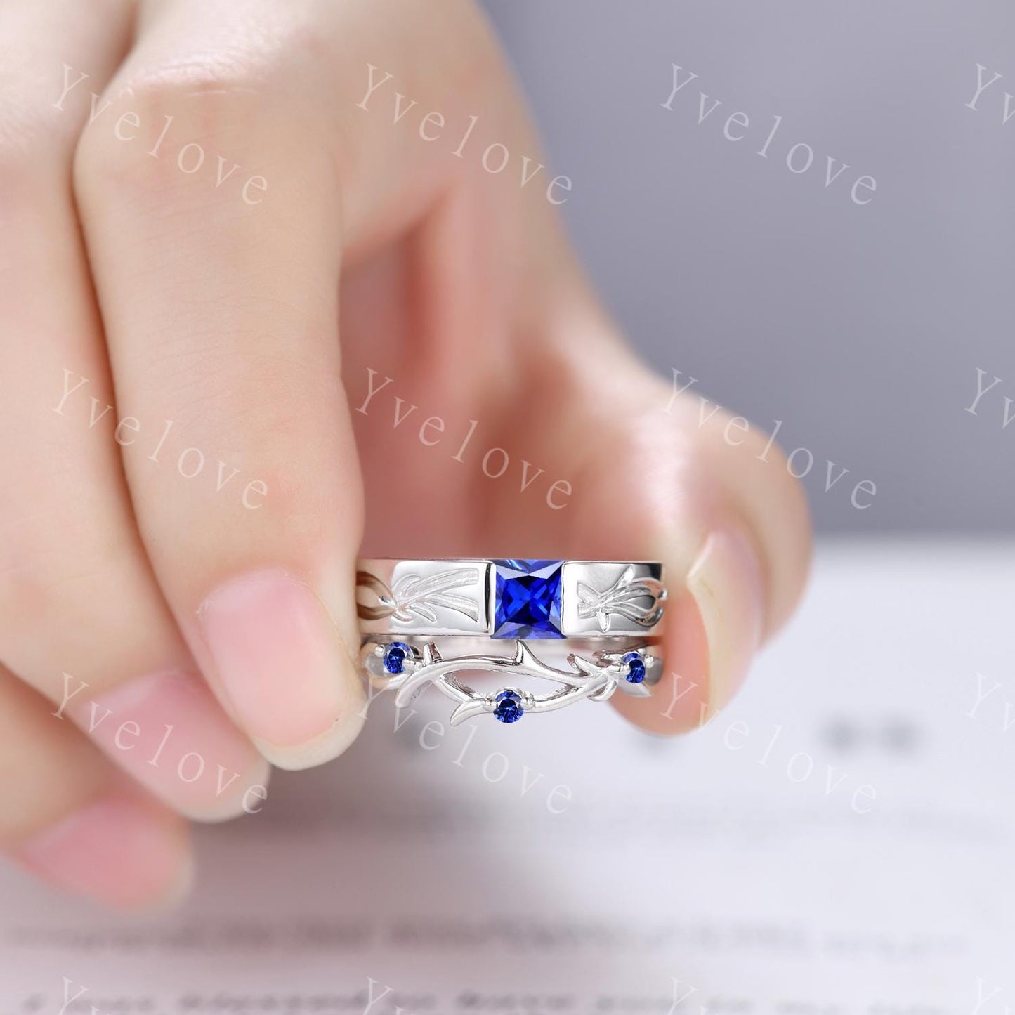 Couples ring blue sapphire ring twig branch vines ring men and women wedding band Silver Promise ring Stacking Matching Band Unique Gift