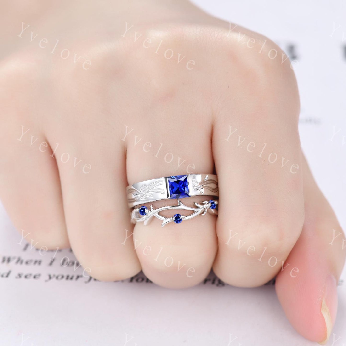 Couples ring blue sapphire ring twig branch vines ring men and women wedding band Silver Promise ring Stacking Matching Band Unique Gift