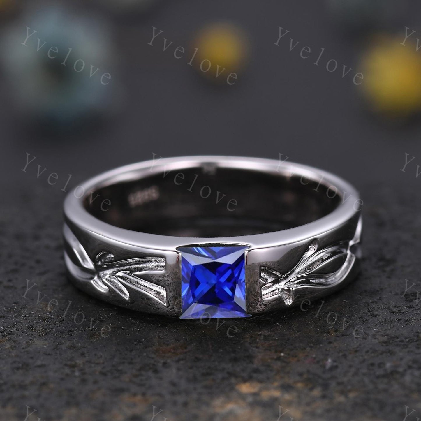 Couples ring blue sapphire ring twig branch vines ring men and women wedding band Silver Promise ring Stacking Matching Band Unique Gift
