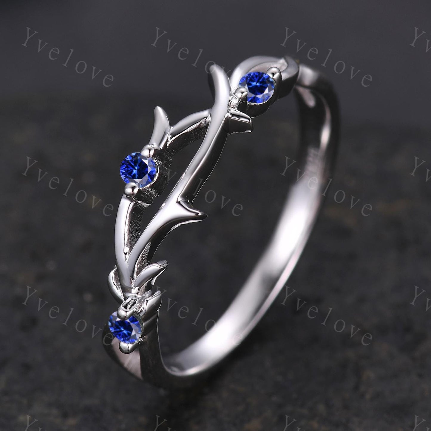 Couples ring blue sapphire ring twig branch vines ring men and women wedding band Silver Promise ring Stacking Matching Band Unique Gift