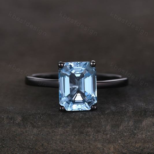 Emerald cut blue topaz engagement ring black gold ring solitaire Sky blue topaz engagement ring prong set statement ring promise gift