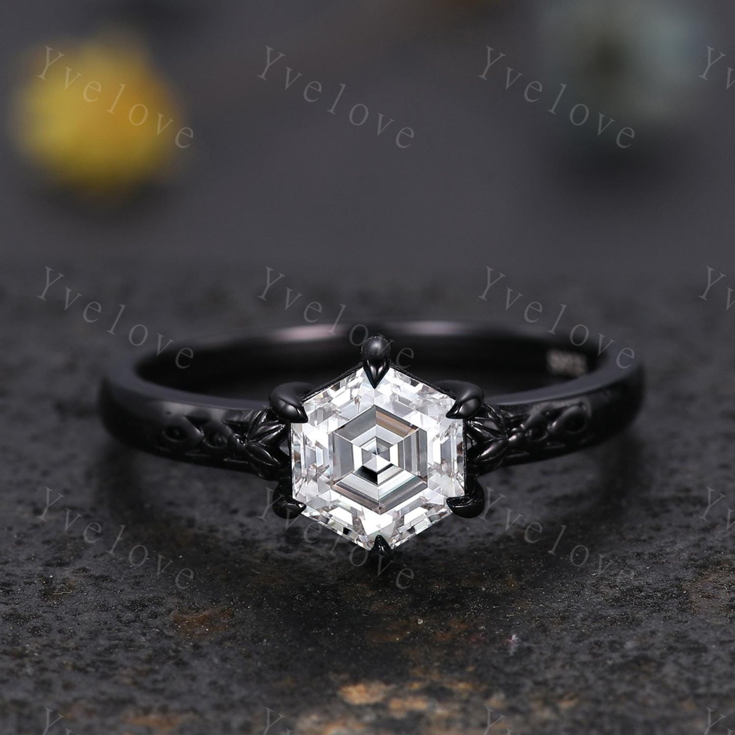 Vintage Moissanite Engagement Ring,14k Black Gold Ring,Hexagon Shape Bridal Ring,Art Deco Moissanite Anniversary Gift Promise Ring For Her