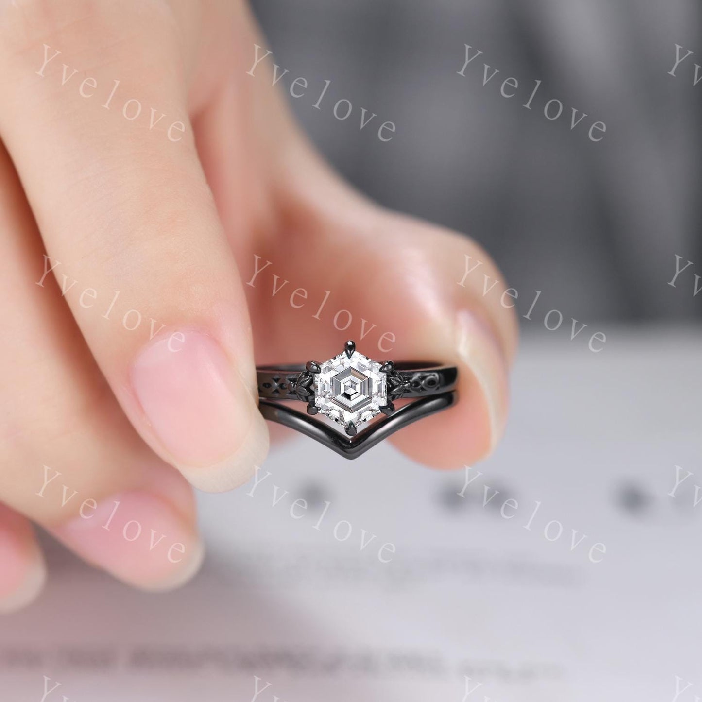 Vintage Moissanite Engagement Ring,14k Black Gold Ring,Hexagon Shape Bridal Ring,Art Deco Moissanite Anniversary Gift Promise Ring For Her