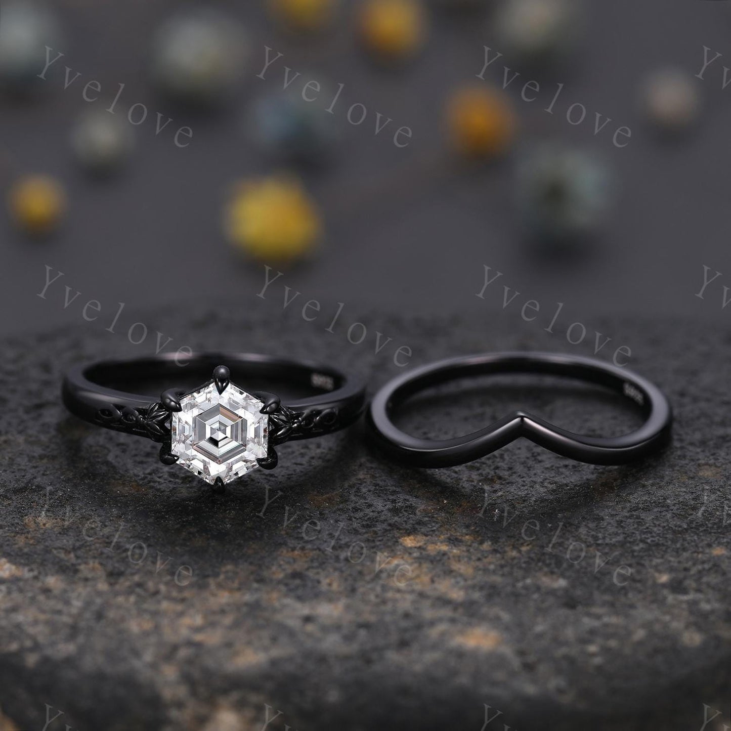 Vintage Moissanite Engagement Ring,14k Black Gold Ring,Hexagon Shape Bridal Ring,Art Deco Moissanite Anniversary Gift Promise Ring For Her