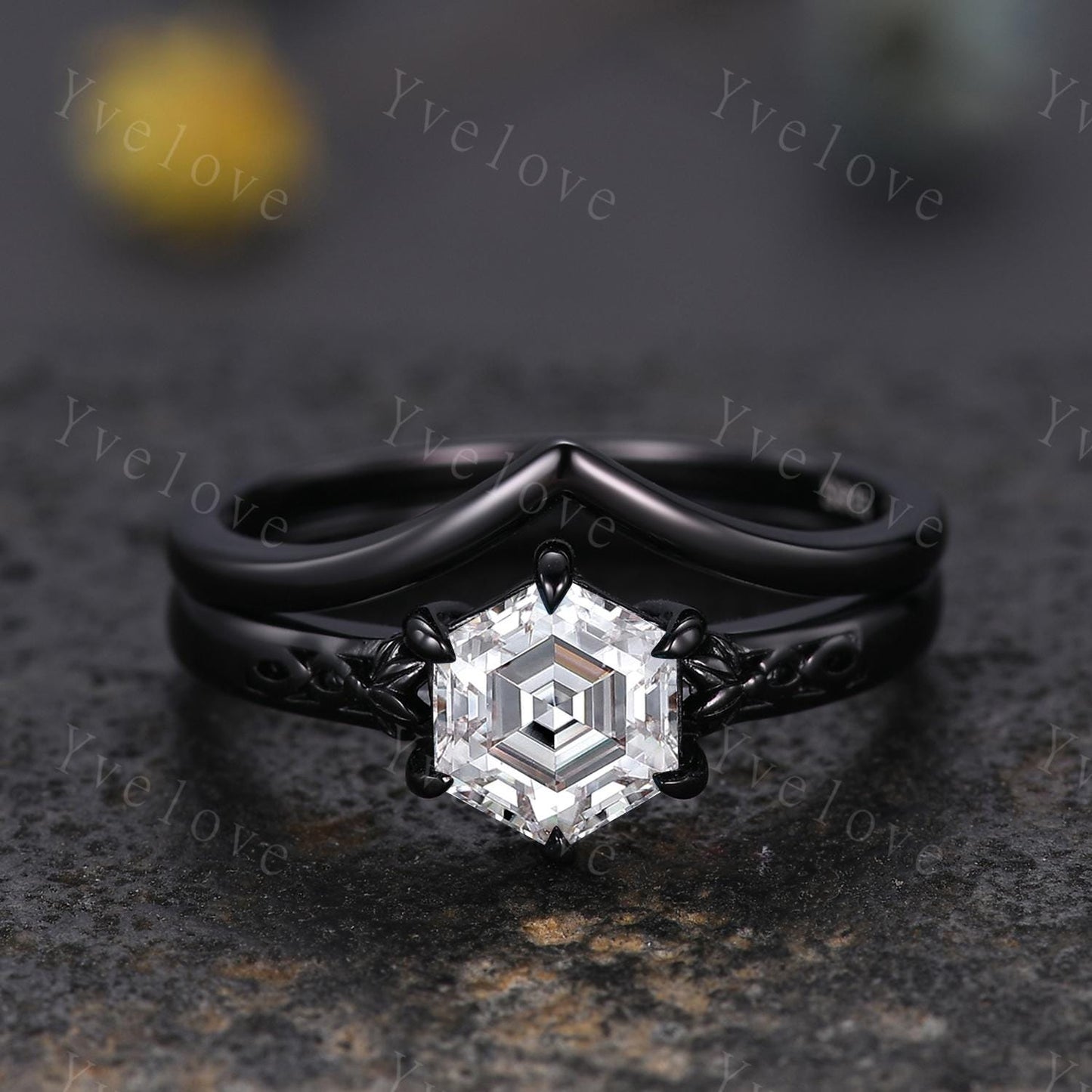 Vintage Moissanite Engagement Ring,14k Black Gold Ring,Hexagon Shape Bridal Ring,Art Deco Moissanite Anniversary Gift Promise Ring For Her