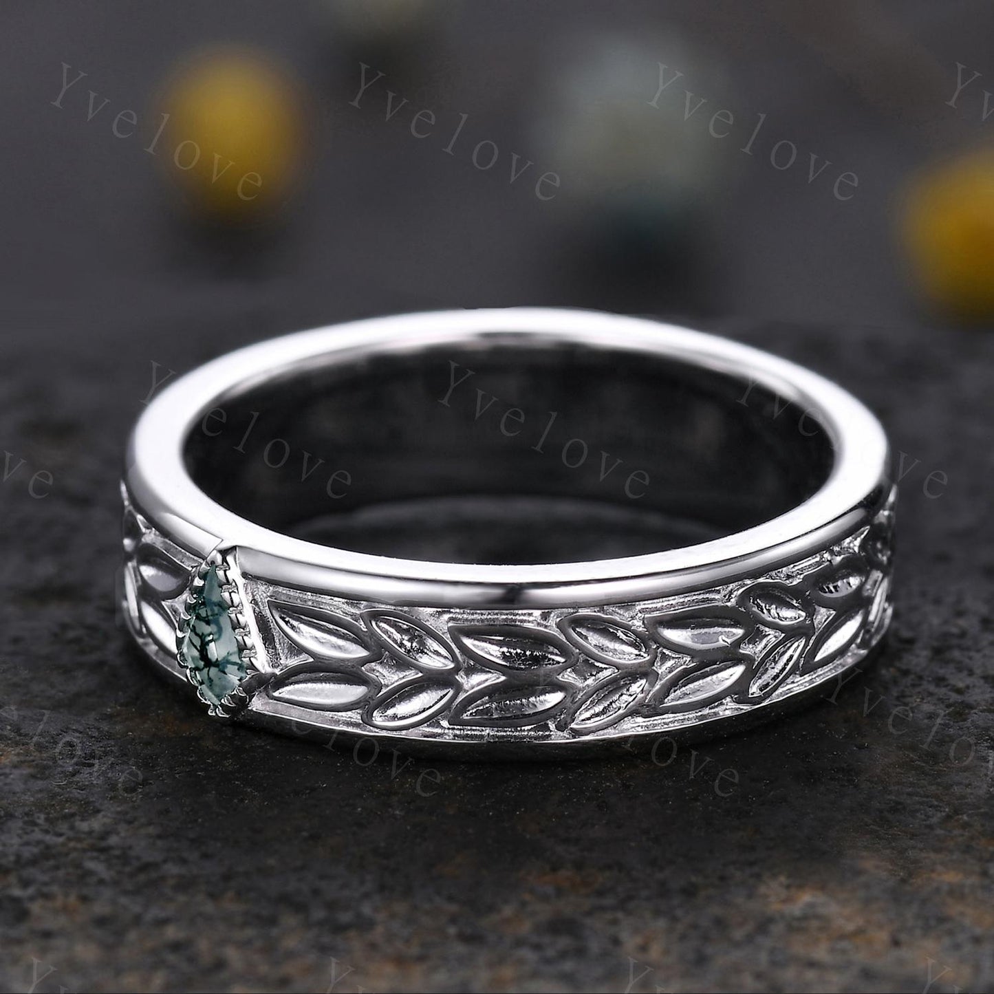 3/4 Eternity Kite Moss Agate Leaf Wedding Band Unisex Silver Black Ring Nature Inspired Promise Bridal Ring Custom Jewelry Rings For Men