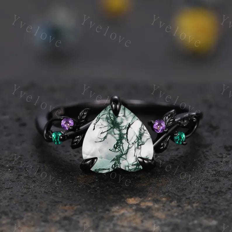 8mm Heart Moss Agate Ring,Gothic Twig Vine Leaf Branch Ring,Vintage Emerald Amethyst Bridal Ring Anniversary Gift,Black Gold Wedding Band