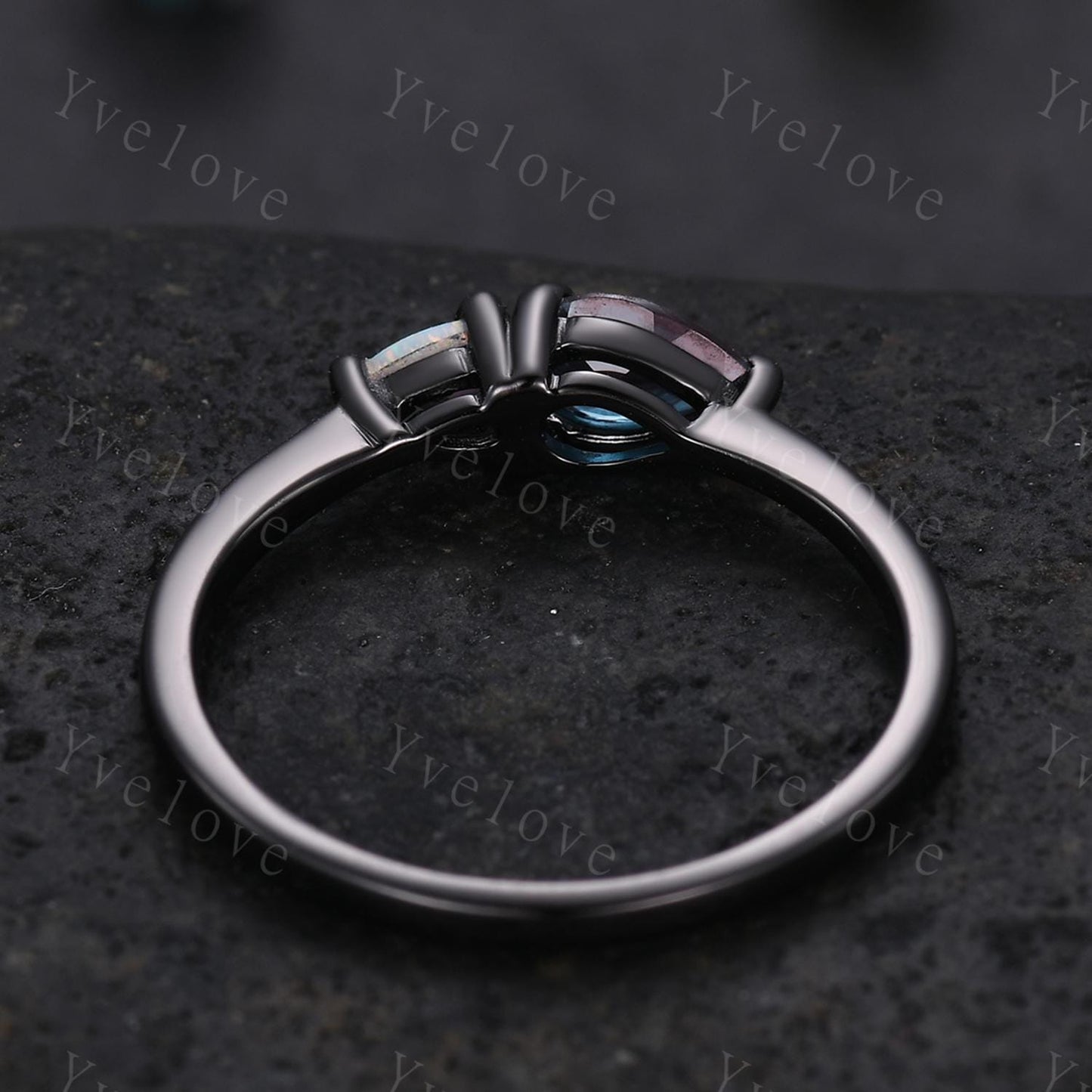 Vintage Alexandrite Opal Engagement Ring,Pear Cut Gems,Art Deco Alexandrite Wedding Band,Unique Women Bridal Promise Ring,Silver Black Band