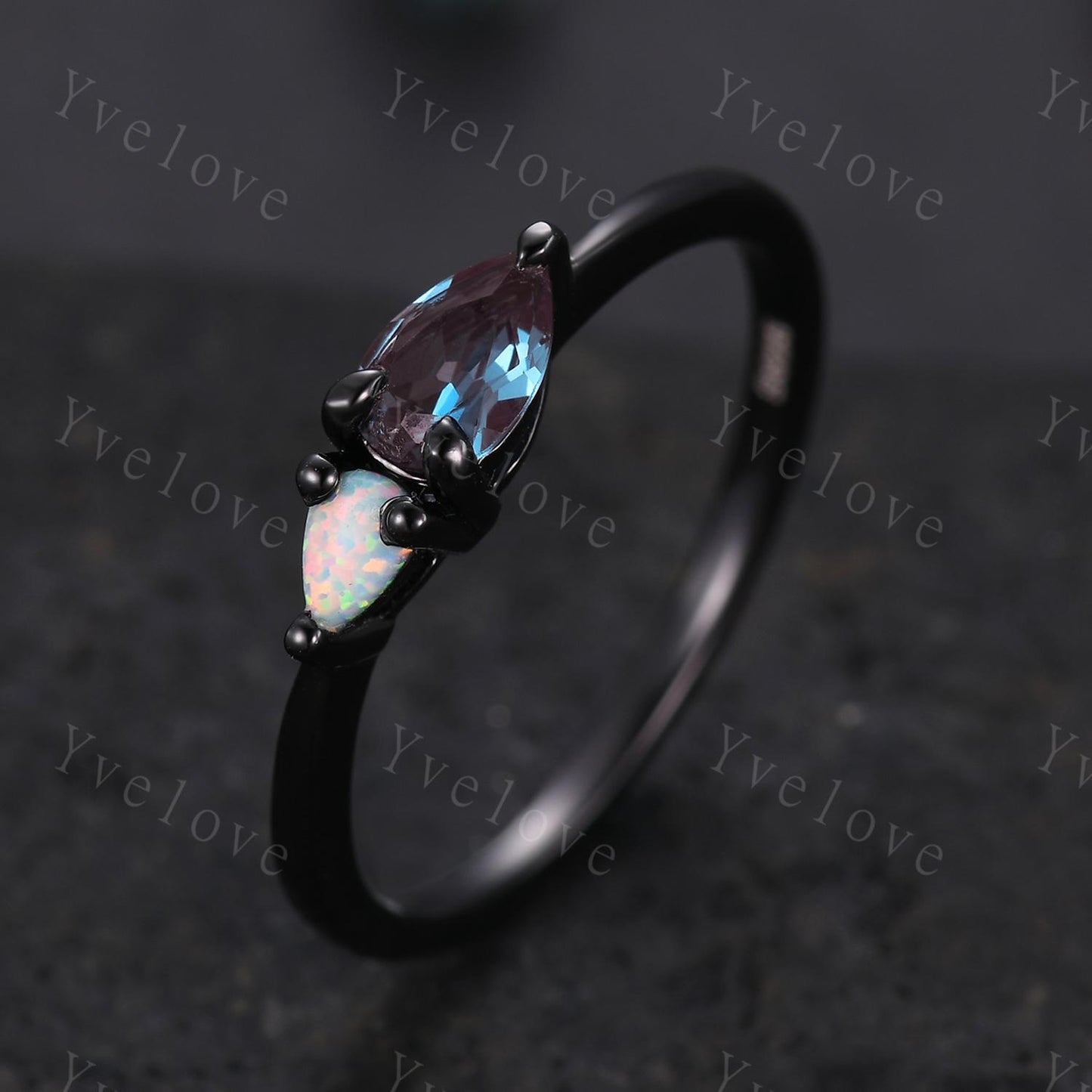 Vintage Alexandrite Opal Engagement Ring,Pear Cut Gems,Art Deco Alexandrite Wedding Band,Unique Women Bridal Promise Ring,Silver Black Band