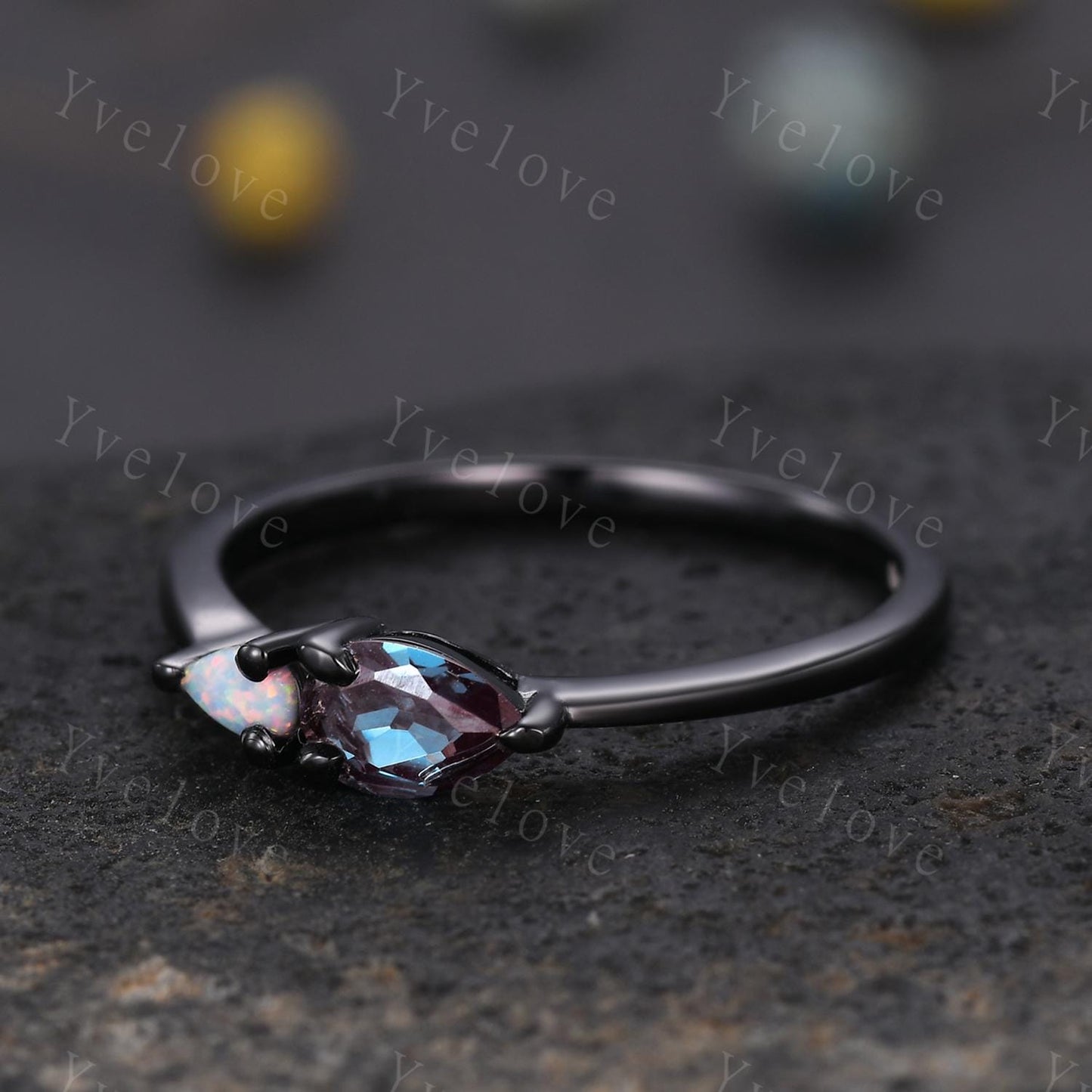 Vintage Alexandrite Opal Engagement Ring,Pear Cut Gems,Art Deco Alexandrite Wedding Band,Unique Women Bridal Promise Ring,Silver Black Band