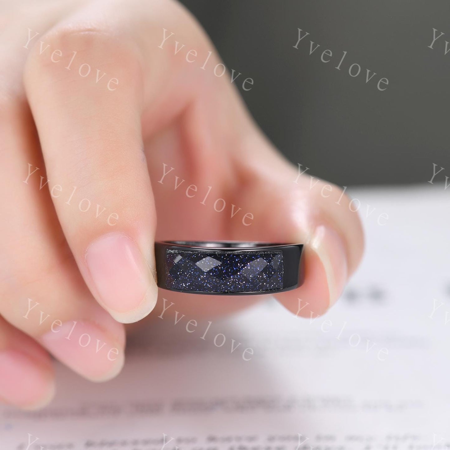 Space Galaxy Ring Unisex Black Gold Ring Blue Sandstone Wedding Band Couples Ring Set His and Hers Ring Matching Couples Promise Ring Set