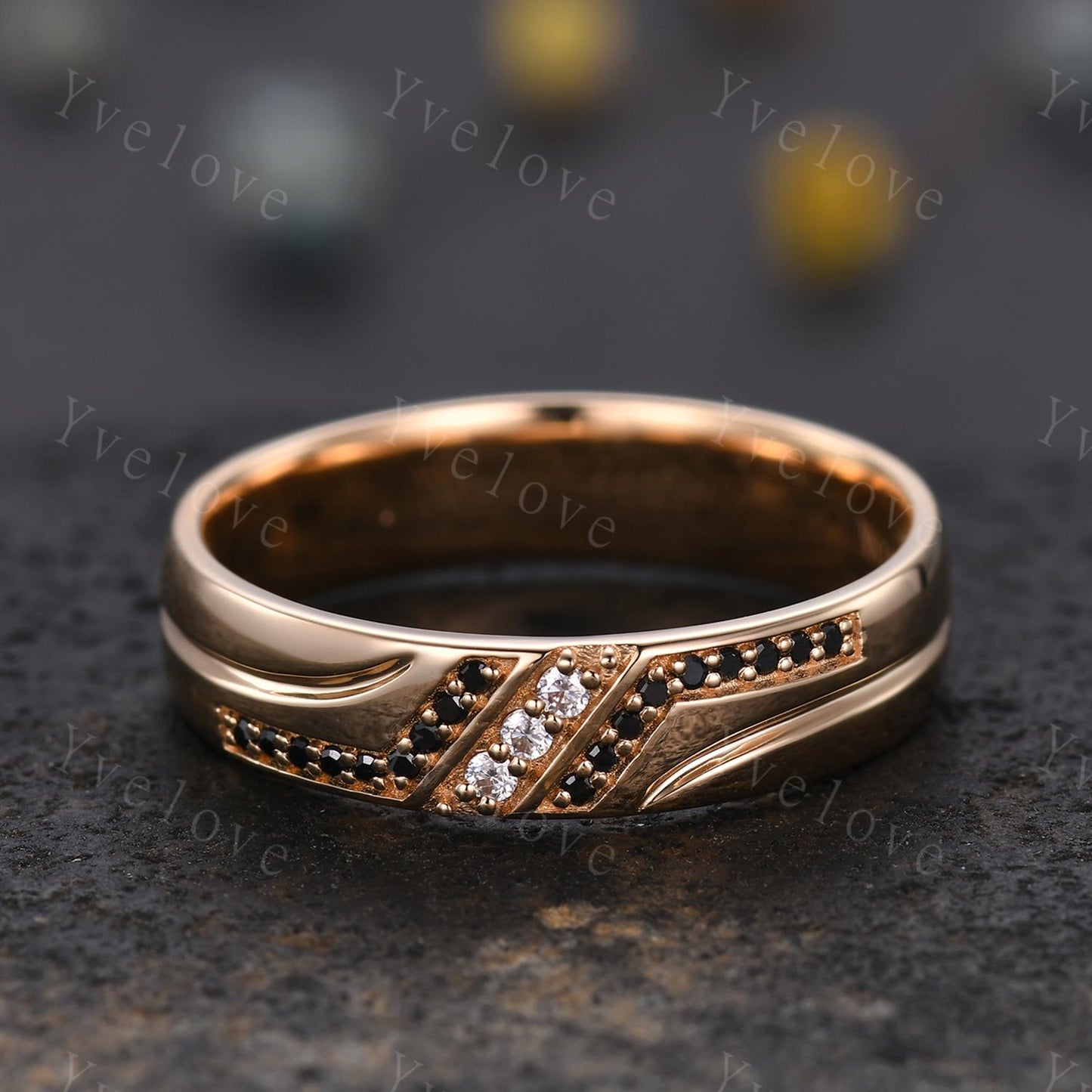 Mens Real Diamond Ring Solid 14k Rose Gold,5mm Moissanite Wedding Band,Comfort Fit Black Diamond Wedding Band,Anniversary Gift Promise Ring