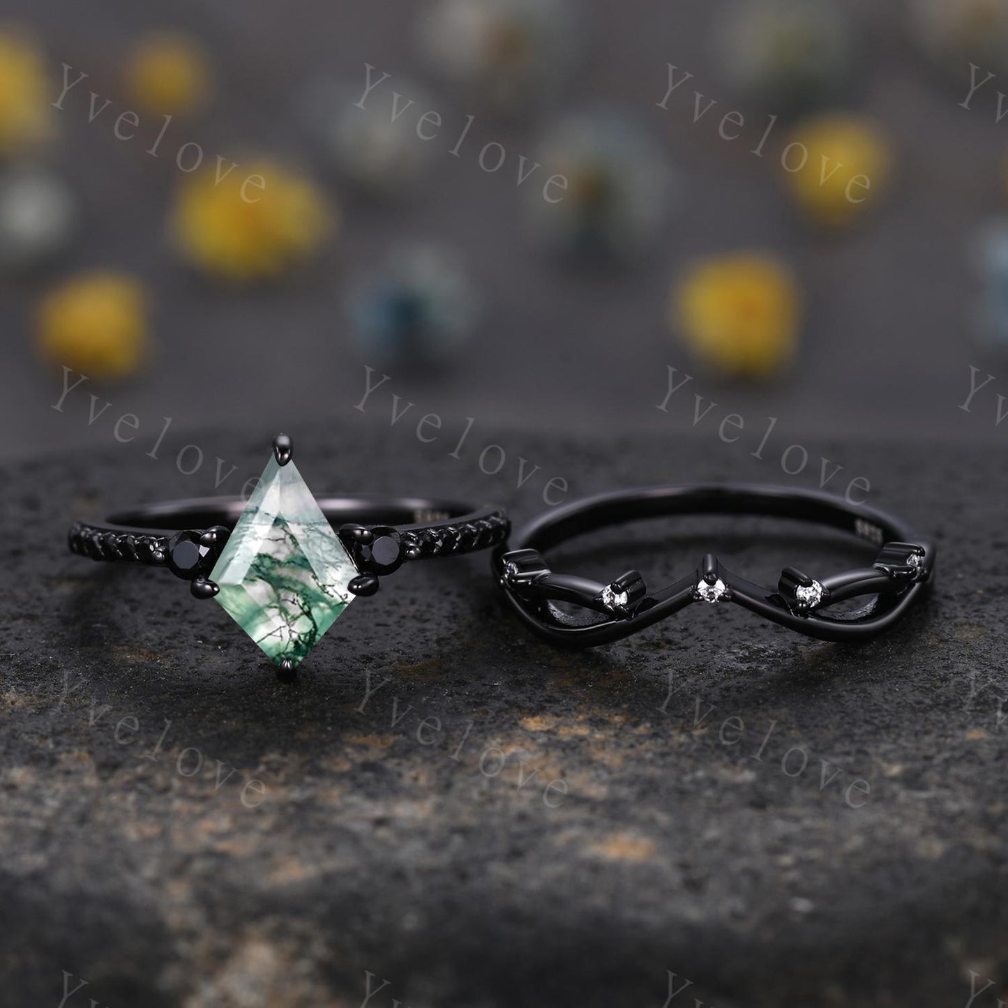 Retro Kite Moss Agate Engagement Ring,Vintage Nature Inspired Black Silver Ring,Unique Black Spinel Diamond Promise Ring Anniversary Gift