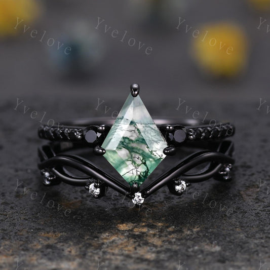 Retro Kite Moss Agate Engagement Ring,Vintage Nature Inspired Black Silver Ring,Unique Black Spinel Diamond Promise Ring Anniversary Gift