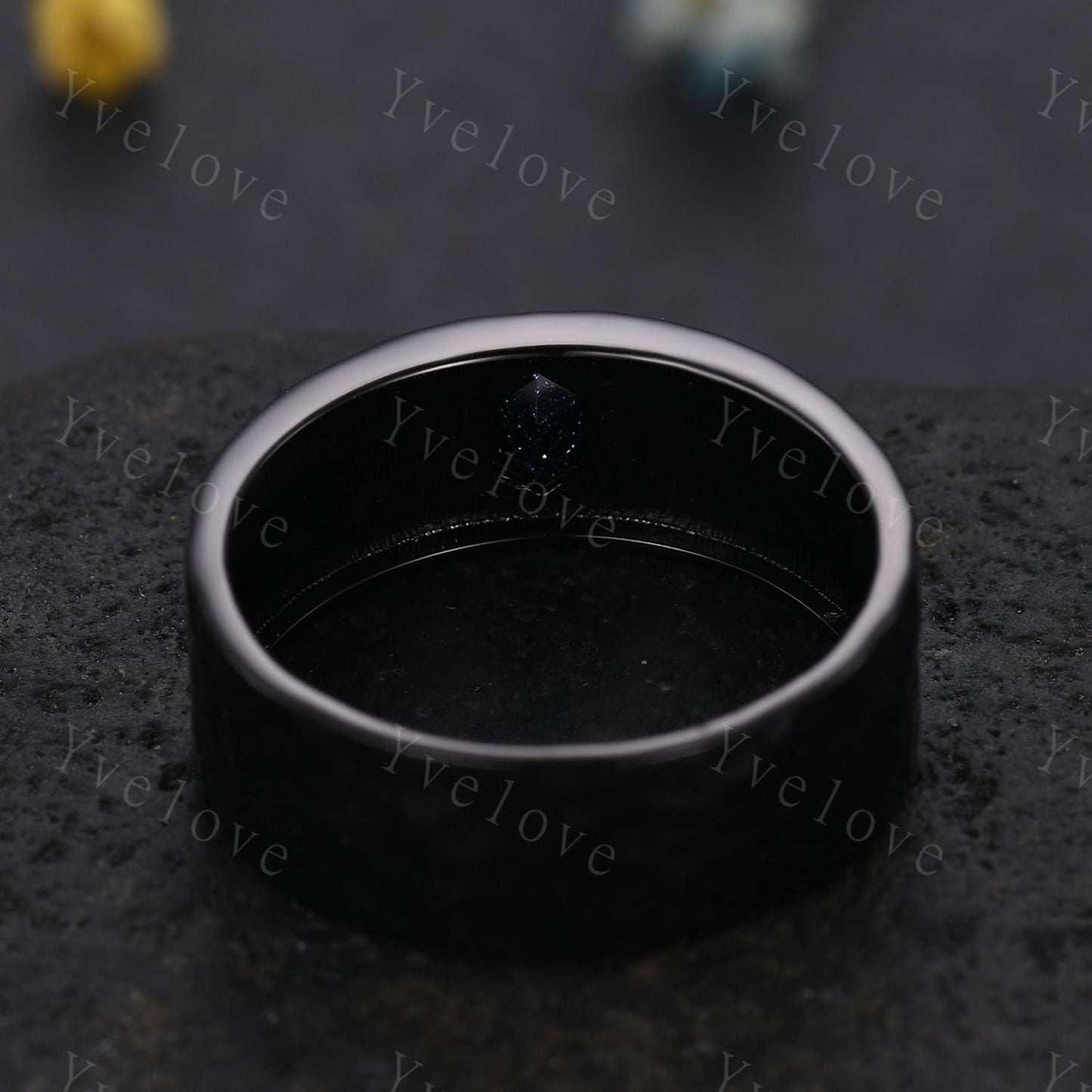 7mm Black Gold Mens Hexagon Blue Sandstone Wedding Band Galaxy Sandstone Engagement Ring Hammered Finished Mens Stacking Band Promise Ring