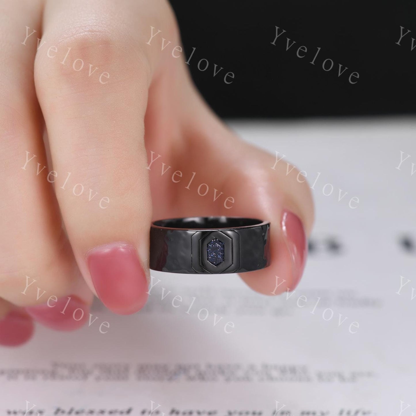 7mm Black Gold Mens Hexagon Blue Sandstone Wedding Band Galaxy Sandstone Engagement Ring Hammered Finished Mens Stacking Band Promise Ring