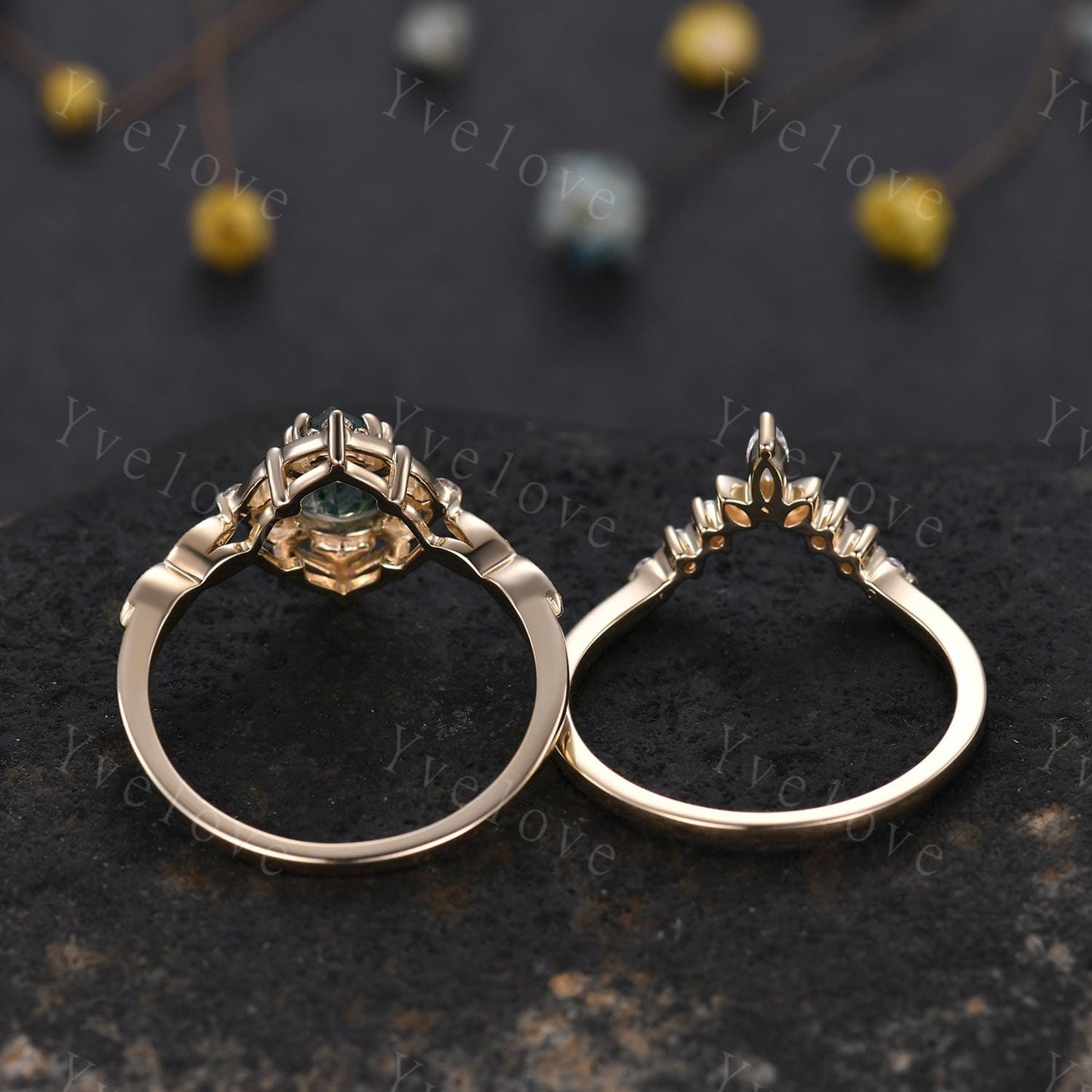 Vintage Moss Agate Engagement Ring,6x8mm Pear Agate Bridal Ring Set,V Curved Moissanite Stacking Band,Solid Gold,Women Rings Gift For Her