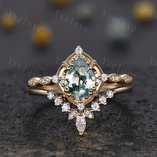 Vintage Moss Agate Engagement Ring,6x8mm Pear Agate Bridal Ring Set,V Curved Moissanite Stacking Band,Solid Gold,Women Rings Gift For Her