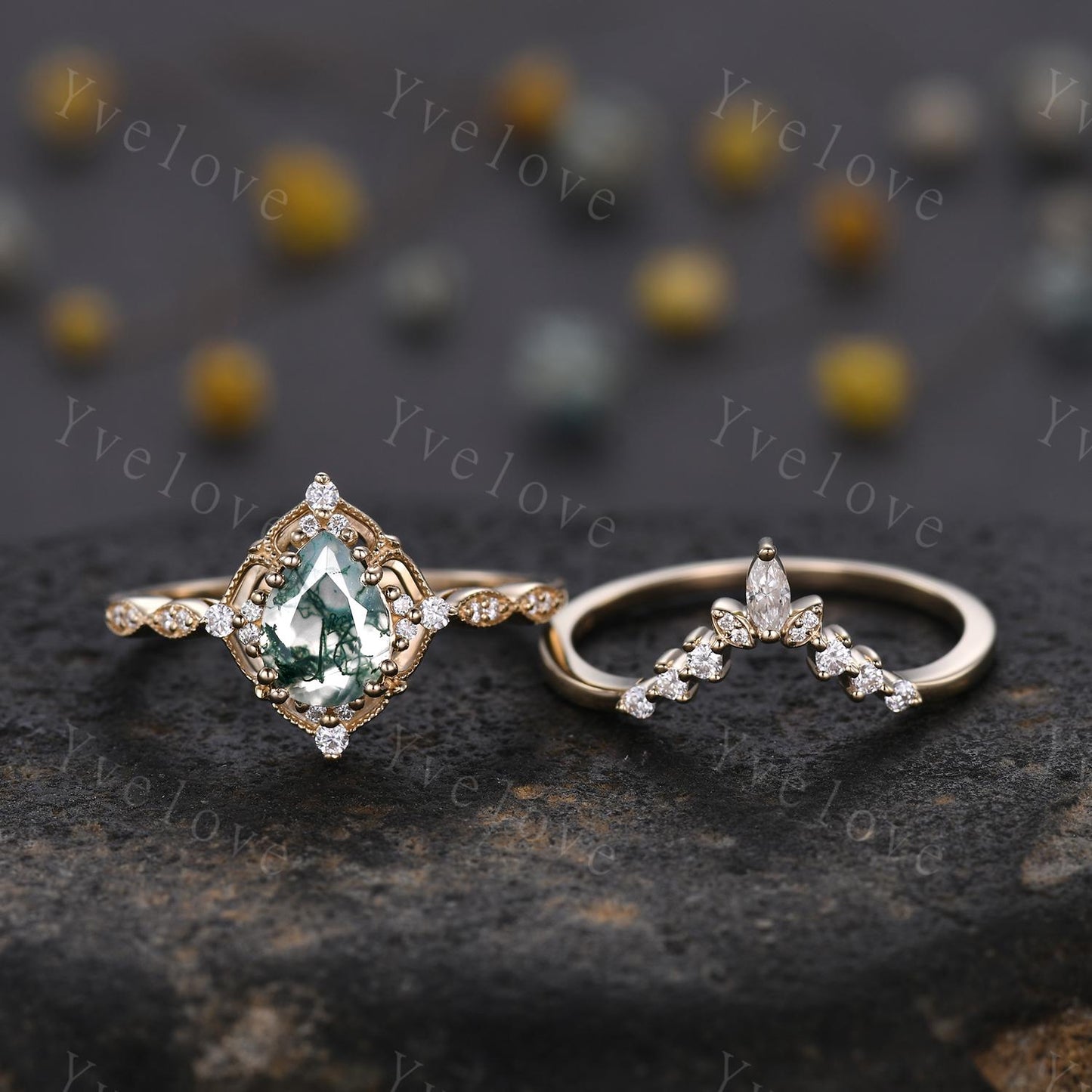 Vintage Moss Agate Engagement Ring,6x8mm Pear Agate Bridal Ring Set,V Curved Moissanite Stacking Band,Solid Gold,Women Rings Gift For Her