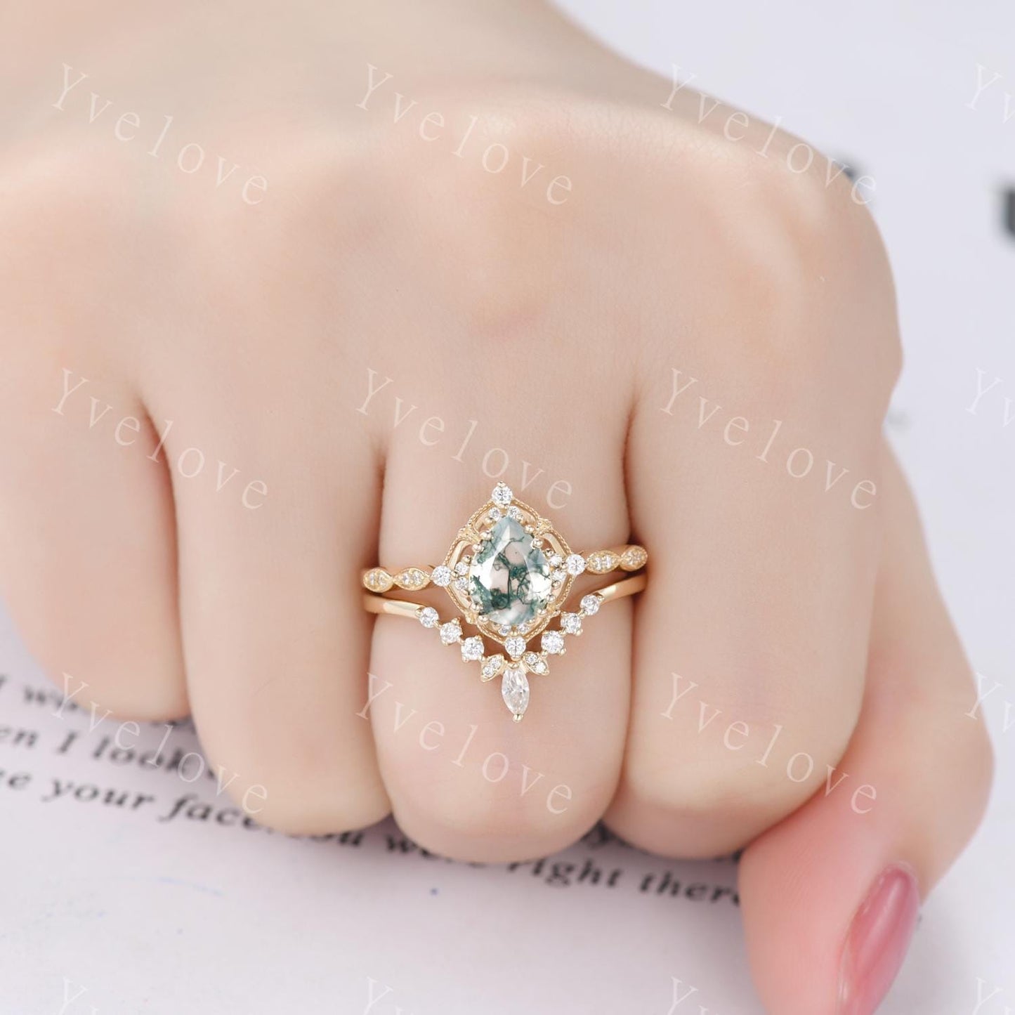Vintage Moss Agate Engagement Ring,6x8mm Pear Agate Bridal Ring Set,V Curved Moissanite Stacking Band,Solid Gold,Women Rings Gift For Her