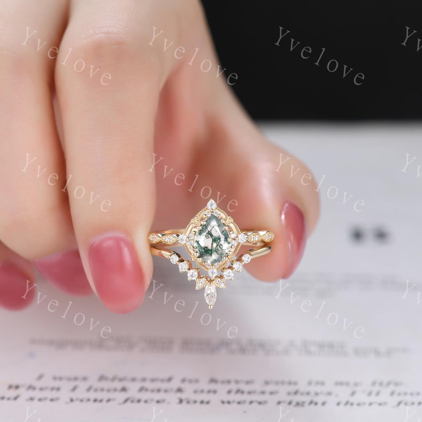 Vintage Moss Agate Engagement Ring,6x8mm Pear Agate Bridal Ring Set,V Curved Moissanite Stacking Band,Solid Gold,Women Rings Gift For Her
