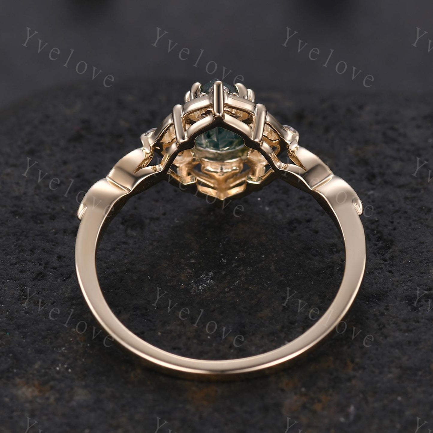 Vintage Moss Agate Engagement Ring,Teardrop Shape Green Agate Ring,14K Gold Ring,Unique Women Moissanite Promise Ring For Her,Handmade Gift