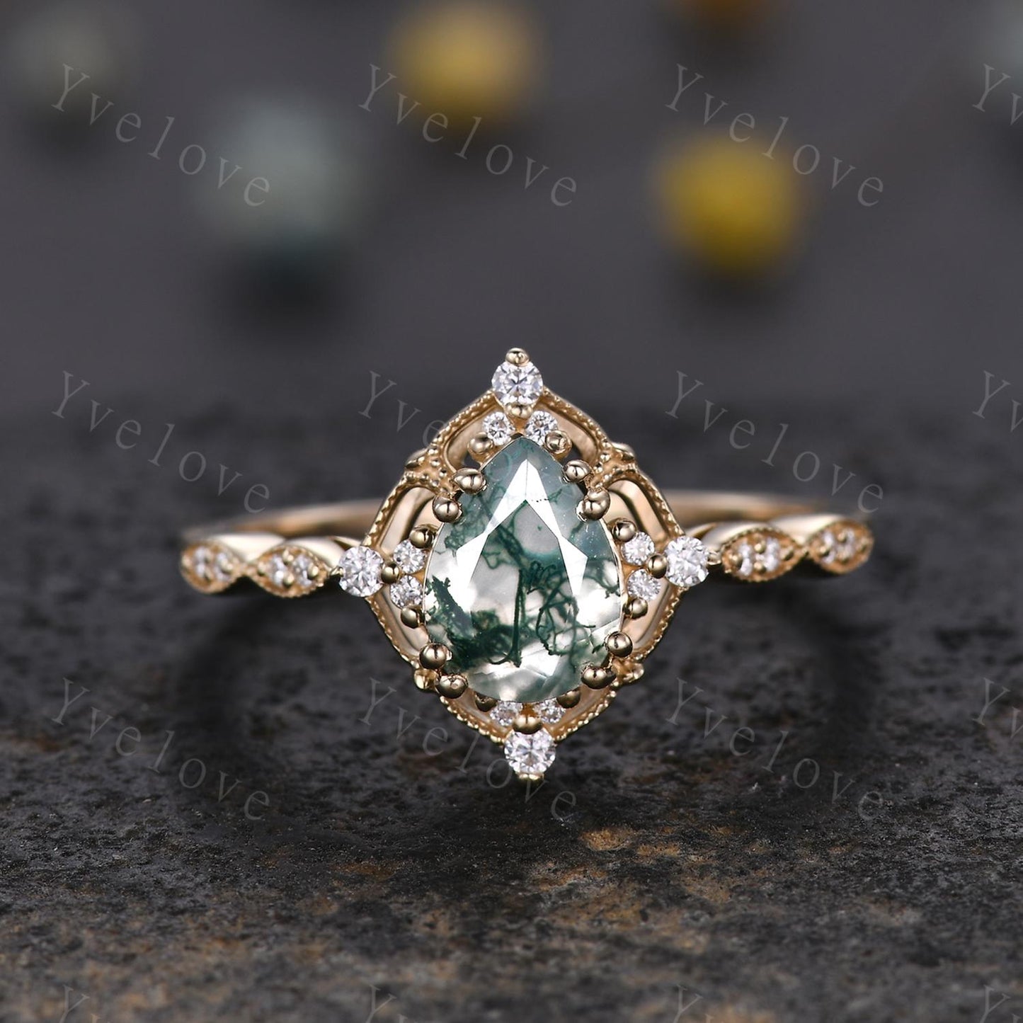 Vintage Moss Agate Engagement Ring,Teardrop Shape Green Agate Ring,14K Gold Ring,Unique Women Moissanite Promise Ring For Her,Handmade Gift