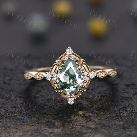 Vintage Moss Agate Engagement Ring,Teardrop Shape Green Agate Ring,14K Gold Ring,Unique Women Moissanite Promise Ring For Her,Handmade Gift