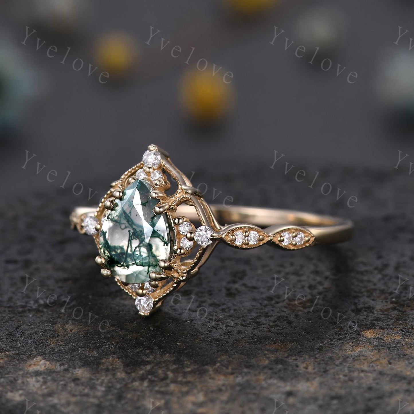 Vintage Moss Agate Engagement Ring,Teardrop Shape Green Agate Ring,14K Gold Ring,Unique Women Moissanite Promise Ring For Her,Handmade Gift