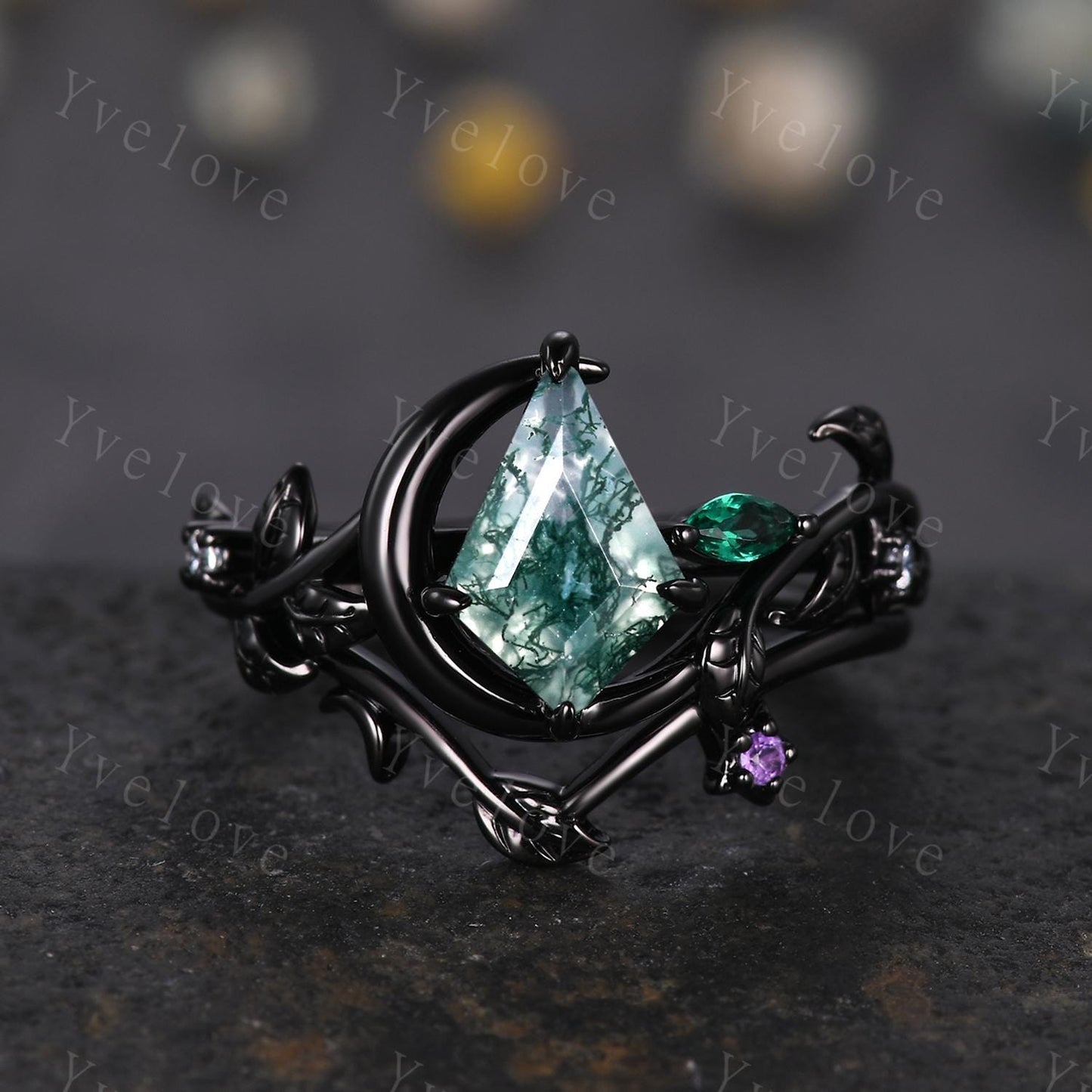 Crescent Moon Ring Vintage Kite Moss Agate Engagement Ring,Black Gold Band,Art Deco Leaf Amethyst Emerald Ring,Women Bridal Set,Promise Gift