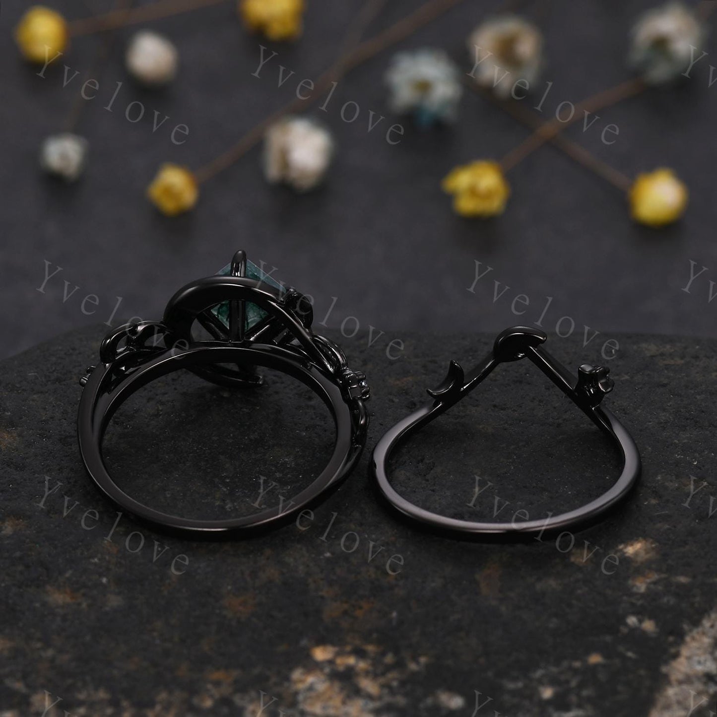 Crescent Moon Ring Vintage Kite Moss Agate Engagement Ring,Black Gold Band,Art Deco Leaf Amethyst Emerald Ring,Women Bridal Set,Promise Gift