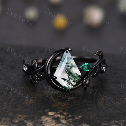 Kite Cut Moss Agate Engagement Ring,14k Black Gold Ring,Art Deco Leaf Branch Emerald Ring,Moon Unique Bridal Wedding Ring Women jewelry gift