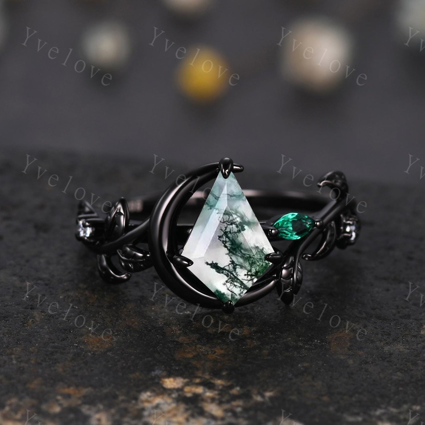Crescent Moon Ring Vintage Kite Moss Agate Engagement Ring,Black Gold Band,Art Deco Leaf Amethyst Emerald Ring,Women Bridal Set,Promise Gift