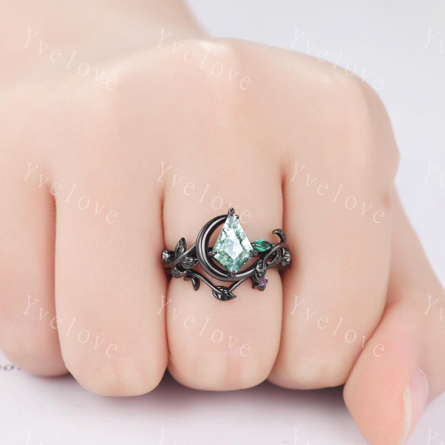 Crescent Moon Ring Vintage Kite Moss Agate Engagement Ring,Black Gold Band,Art Deco Leaf Amethyst Emerald Ring,Women Bridal Set,Promise Gift